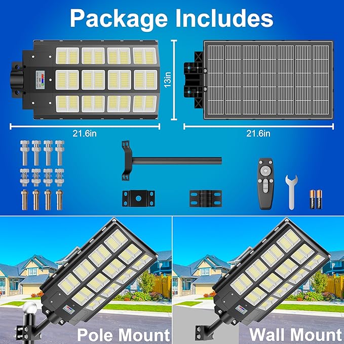 loyoele 9000W Solar Street Lights Outdoor 240000 Lumens Solar Flood Light with Remote Control & Motion Sensor, Waterproof IP66 Dusk to Dawn Solar Power Lights for Garden,Yard, Path, Parking Lot 2-Pack