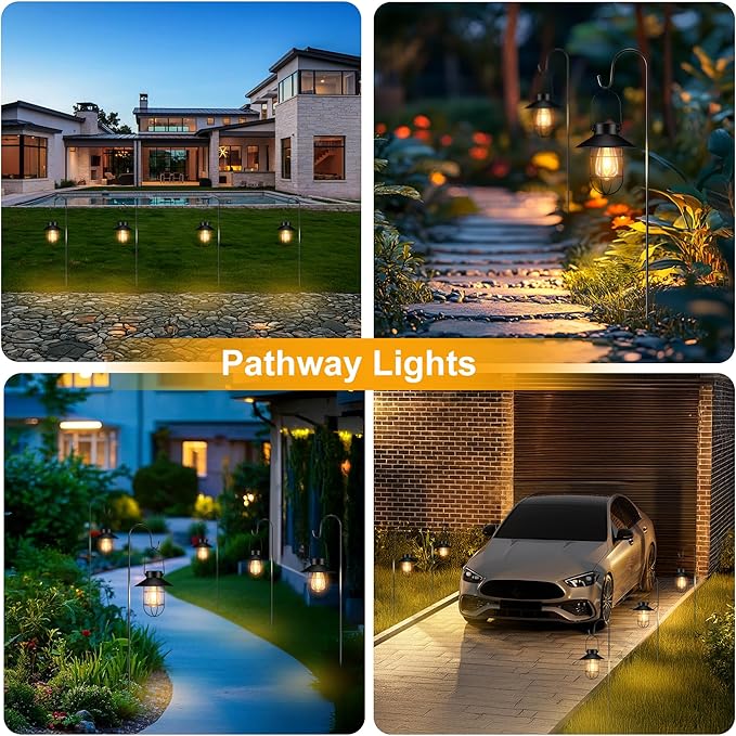 pearlstar 2 Pack Solar Lights Outdoor, Hanging Solar Lanterns with Edison Bulb and 2 x 32 Inch Shepherd Hooks, Waterproof Landscape Lighting for Garden Patio Yard Pathway Driveway Lawn (Black)