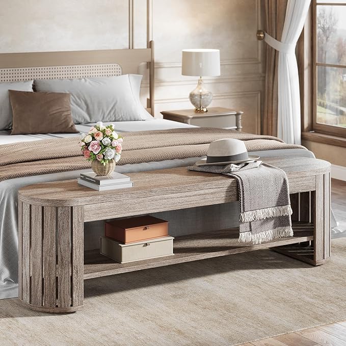 Tribesigns 63" Wooden Entryway Bench with Shoe Storage, Long 2-Tier Narrow Shoe Bench with Arc Vertical Slat Splicing Legs, End of Bed Stool for Bedroom, Entrance, Living Room (Beige Gray)