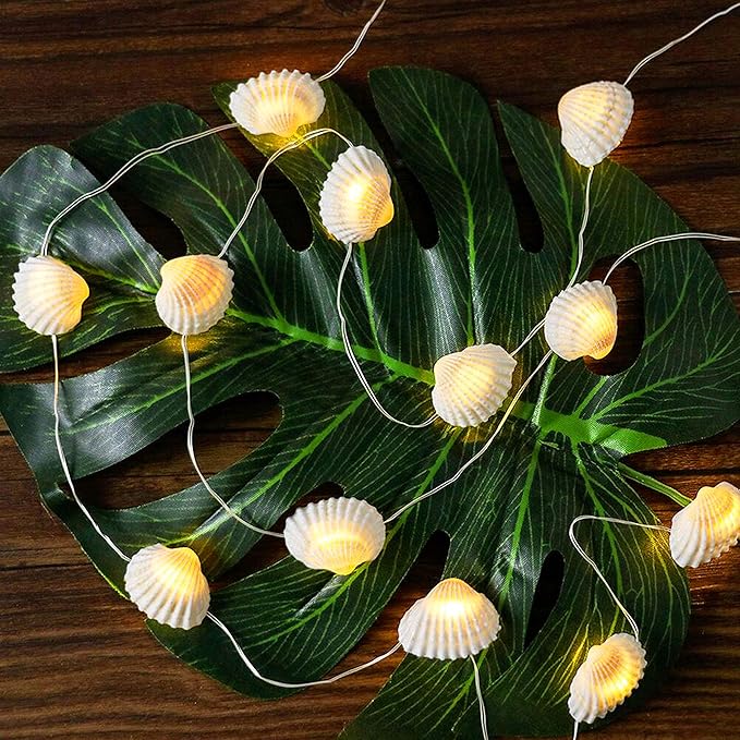 Decorman Natural Seashell String Lights 13.2ft 40 LED 8 Modes Warm White Weatherproof Battery Operated Ocean Theme Lights for Bedrooms Parties Weddings Gardens with Remote and Timer (Natural Shell)