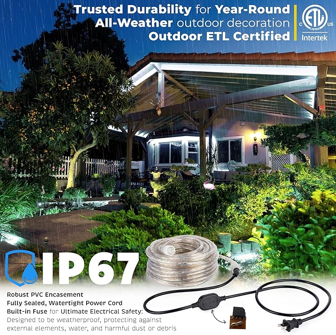 WYZworks 576LEDs, 50ft LED Outside Rope Lights, Waterproof Permanent Outdoor ETL Certified Connectable Clear Tube, Christmas Palm Tree Holiday Decorative Landscape Patio Accent Lighting - Cool White