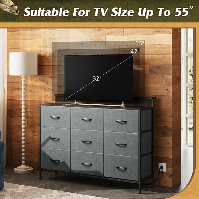 WLIVE Grey Dresser TV Stand for 45, 50, 55 inch TV, Entertainment Center with LED Lights & Charging Station, Chest of drawers with 9 Fabric Drawers and Open Shelves for Living Room, Hallway, Dark Grey