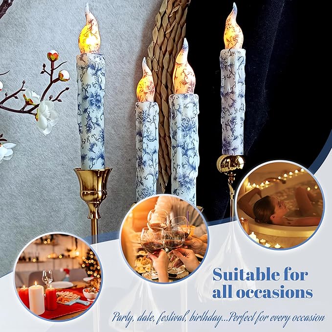 Blue and White Porcelain Flameless Short Taper Candles, Drip LED Battery Operated with Remote, Flickering Flame Lights for Home Décor, 6.7 Inch Primitive Flameless Print Candles, 2PCS