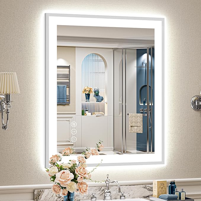 28x36 Brushed Nickel LED Bathroom Mirror with Lights, Sliver Framed Backlit and Front Lit Anti-Fog Lighted Vanity Mirrors for Bathroom Wall, Dimmable, 3 Colors, Memory, Tempered Glass, CRI＞90