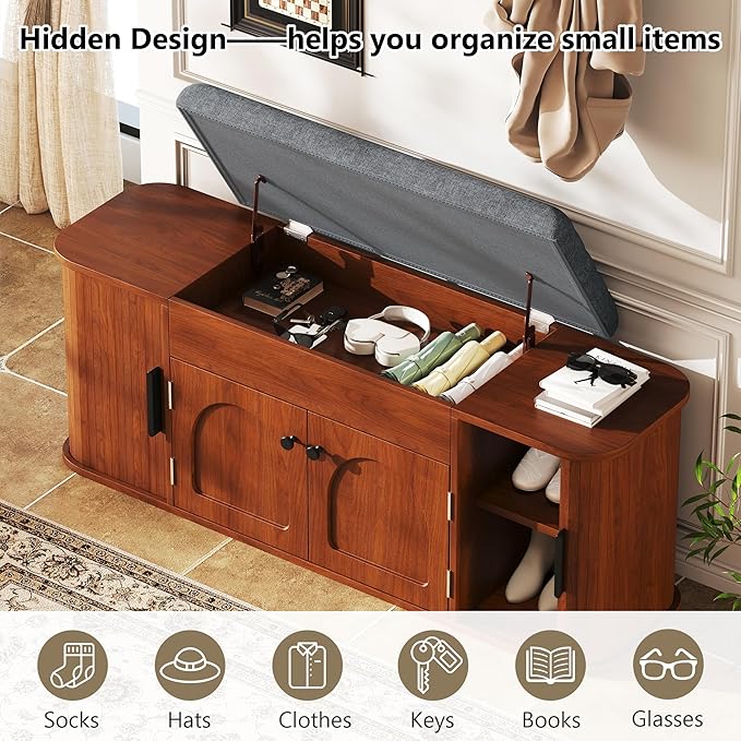 47.2'' Entryway Shoe Storage Bench with Seat Cushion & Sliding Door, Shoe Rack with Lift-Top Hidden Storage & Adjustable Shelf, Bench for Bedroom End of Bed, Walnut