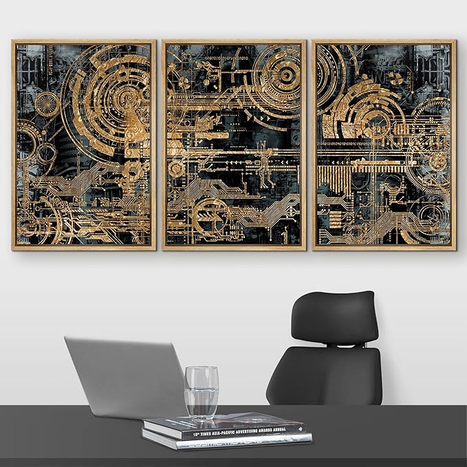 wall26 Framed Canvas Print Wall Art Set Electronic PC Motherboard Circuit Collage Abstract Technology Digital Art Modern Art Alternative Shapes for Living Room, Bedroom, Office - 16"x24"x3 Natural