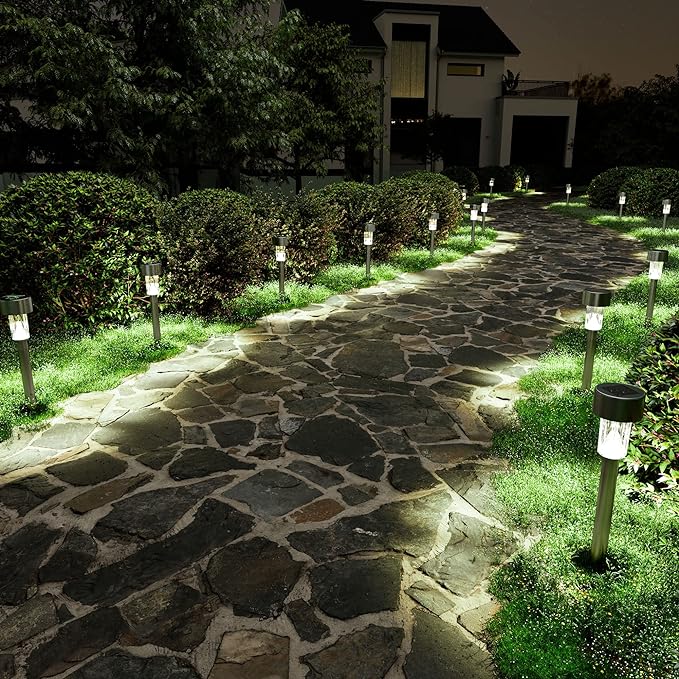 SOLPEX 24 Pack Solar Outdoor Lights Pathway, Stainless Steel Solar Lights Outdoor Waterproof,LED Landscape Lighting Walkway for Landscape/Patio/Lawn/Yard/Driveway-Cold White