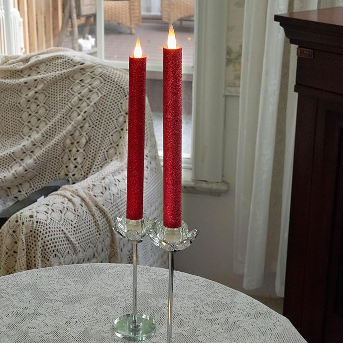 Flameless Taper Candles Flickering with Remote and Timer, 3D Moving Flame Taper Candle Battery Operated to 400 Hours, 9 Inch Window Candles, (Glittter Red)