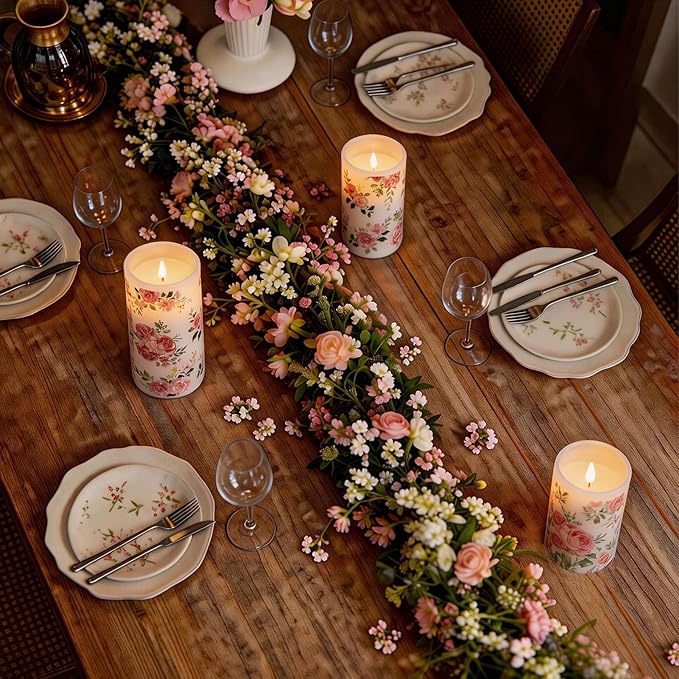 Flameless Candles with Remote, Battery Operated Candles Real Wax Pink Rose Flickering LED Candles Floral Christmas Decor Electric Pillar Candles Set of 3