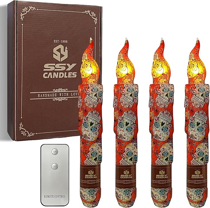 Day of The Dead Style Skull Flameless Short Taper Candles, Drip LED Battery Operated with Remote, Flickering Flame Lights for Home Décor, 6.7 Inch Primitive Flameless Print Candles, 4PCS