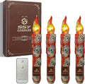 Day of The Dead Style Skull Flameless Short Taper Candles, Drip LED Battery Operated with Remote, Flickering Flame Lights for Home Décor, 6.7 Inch Primitive Flameless Print Candles, 4PCS