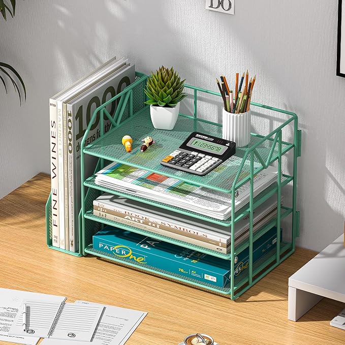 Green Desk Organizers and Accessories with File Holder – Aesthetic Desk Accessories for Women – Decorative Office Set with Magazine Rack – Desk Set for Office Setup and Decor