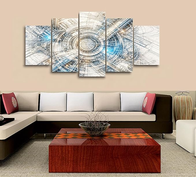 5 Piece Canvas Wall Art Five Panel Abstract Futuristic Technology Pattern Painting Canvas Prints Framed Digital Circuit Design Interior Decor for Living Room Bedroom Home Office Modern Tech Theme Design