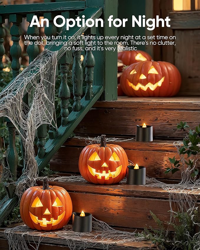 Homemory 12Pack 400+Hour Remote Control Flameless Candles, 2/4/6/8H Timer Led Votive Candles, Battery Operated Tea Lights for Wedding Table Centerpiece, Holidays, Halloween Pumpkins-Black Base