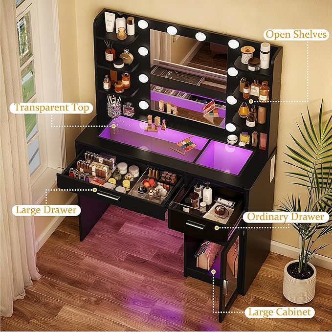 Vanity Desk with Mirror and Lights, Makeup Vanity Desk with Lights 3 Colors, Transparent Top Vanity with 2 RGB Drawers, 6 Shelves, Large Tempered Cabinet, Power Outlet, for Bedroom, Black