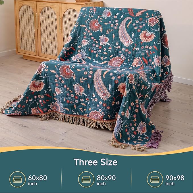 Boho Throw Blanket for Bed,100% Ultra Cotton Soft Breathable Bed Throw Floral Printed Farmhouse Decor Rustic Bed Throws for Couch Sofa Quilt White Flowers 90" x 98"