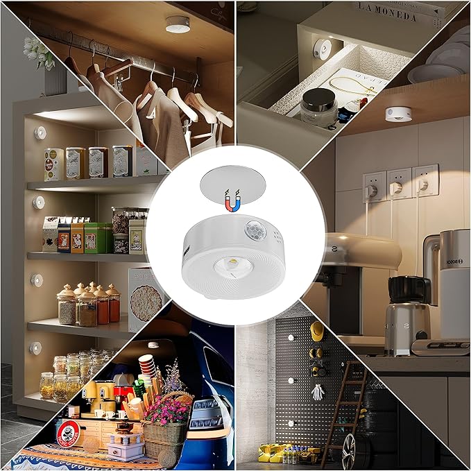 2" Rechargeable Mini Puck Lights w/Lanyard, Renter Friendly Magnetic Stick On Battery Operated Lights, Wireless Motion Sensor Light Indoor for Closet, Wall, Shelves, Kitchen, Locker - 3Pack/White