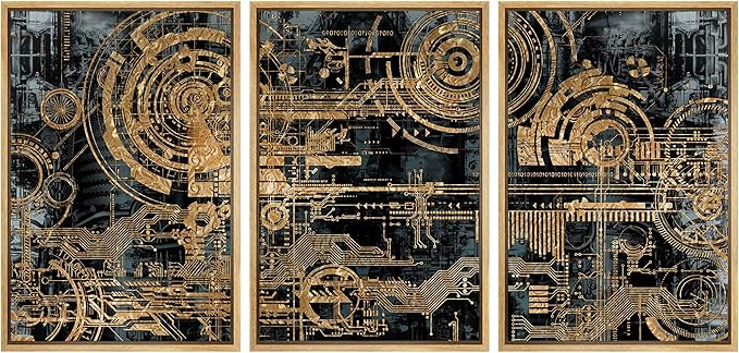 wall26 Framed Canvas Print Wall Art Set Electronic PC Motherboard Circuit Collage Abstract Technology Digital Art Modern Art Alternative Shapes for Living Room, Bedroom, Office - 16"x24"x3 Natural