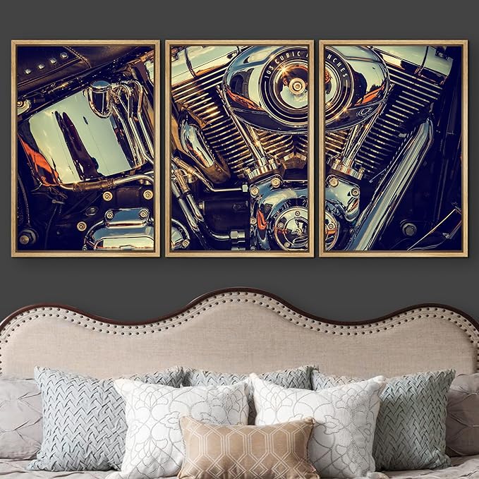 wall26 Framed Canvas Print Wall Art Set Close Up of Chrome Motorcycle Engine Transportation Vehicle Realism Chic Scenic Colorful Ultra for Living Room, Bedroom, Office - 16"x24"x3 Natural