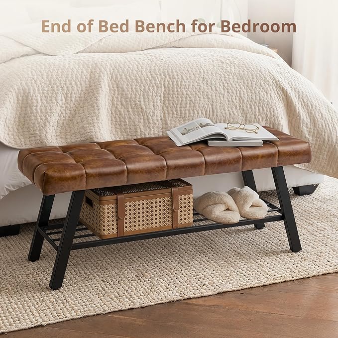 LUE BONA 45" Entryway Bench with Shoe Storage, End of Bed Bench with Tufted Faux Leather Seat, Bedroom Bench with Metal Frame, 330 LBS Capacity for Entryway, Living Room, Hallway, Brown
