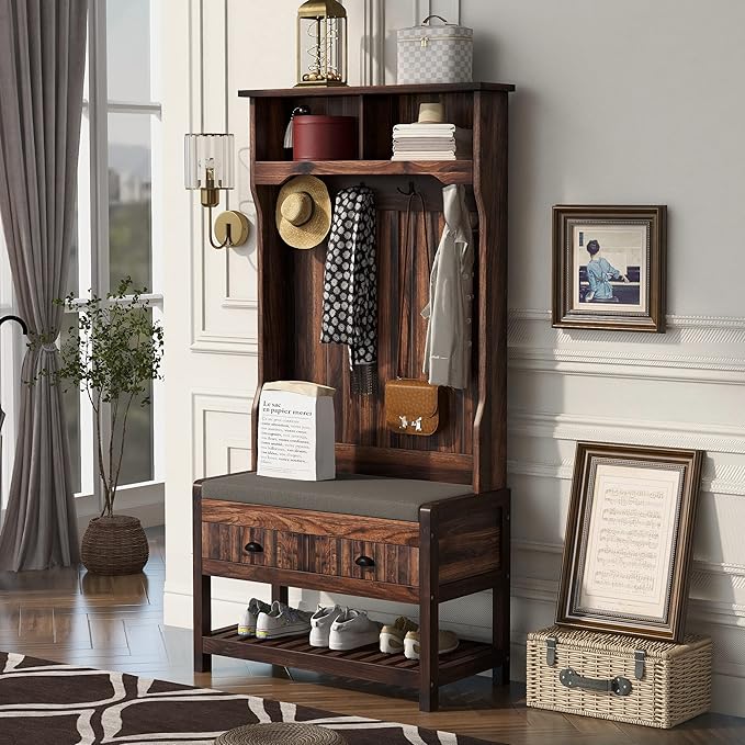 Hall Tree with Shoes Bench, Entryway Coat Rack with Storage Shelves and Drawers, 33.5''W Coat Hanger for Entrance, Hallway (Tiger)