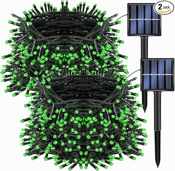 Dazzle Bright 2 Pack Total 400LED 132FT Green Christmas Solar String Outdoor Lights, St. Patrick's Day Solar Powered with 8 Modes Waterproof Fairy Lights for Patio Garden Tree Party Yard Decoration
