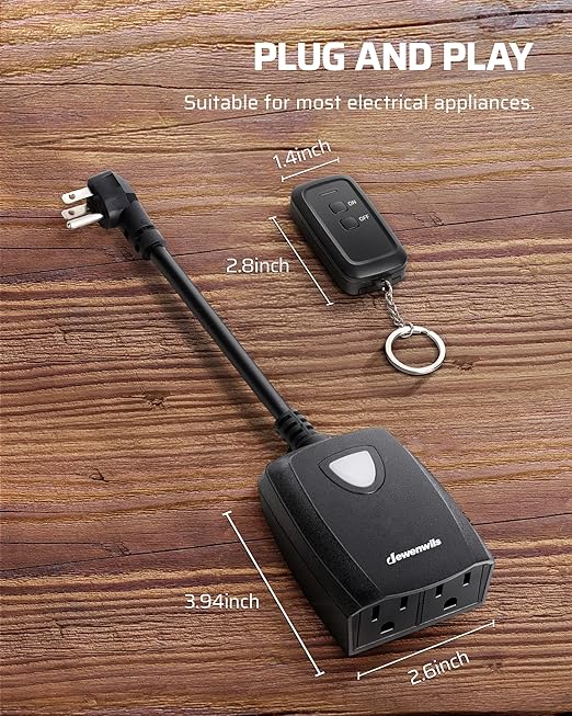 DEWENWILS Outdoor Remote Control Outlet, Weatherproof Wireless Electrical Plug in Light Switches, 7" Extension Cord,15 AMP, 100 FT Range, ETL Listed, 1 Remote 3 Outlets for Lamp/Lights/Fans
