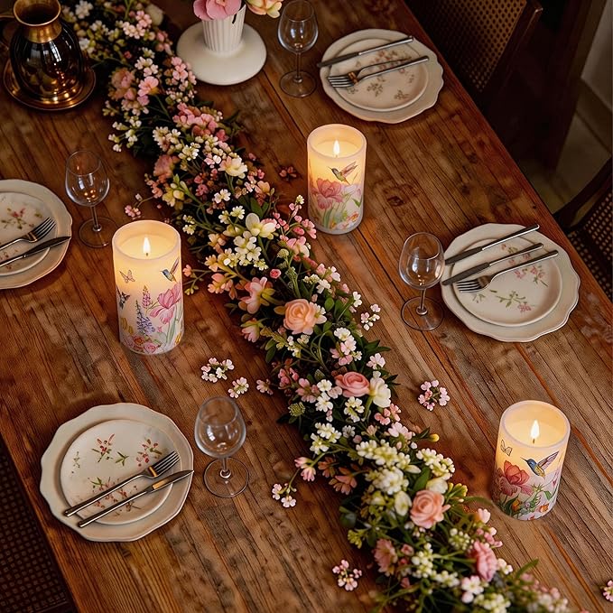 Flameless Candles with Remote, Battery Operated Candles Real Wax Hummingbird Flickering LED Candles Floral Christmas Decor Electric Pillar Candles Set of 3