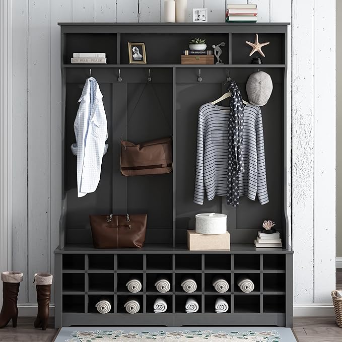 RUNNA Stylish Versatile 60" Wide Coat Rack with Metal Black Hooks and 24 Shoe Cubbies,Hall Tree with 3 Top Shelves and Bench,for Hallway Entryway Mudroom Use (Black@e)