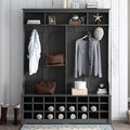 RUNNA Stylish Versatile 60" Wide Coat Rack with Metal Black Hooks and 24 Shoe Cubbies,Hall Tree with 3 Top Shelves and Bench,for Hallway Entryway Mudroom Use (Black@e)