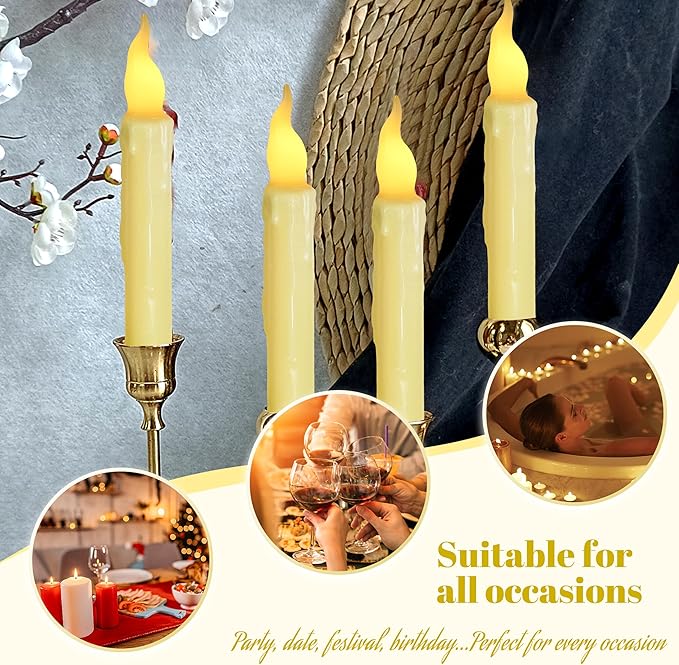Yellow Flameless Short Taper Candles, Real Wax Hand Dipped LED Battery Operated with Remote, Flickering Flame Lights for Festival Home Décor, 6.7 Inch Primitive Flameless Candles, 4PCS