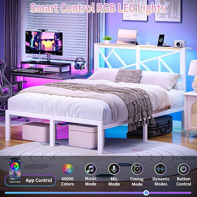 Queen White Metal Bed Frame with USB Charging Station, LED Ambient Lighting, and Wooden Storage Headboard - Includes Under-Bed Storage, No Box Spring Needed, Noise Free, Easy to Assemble