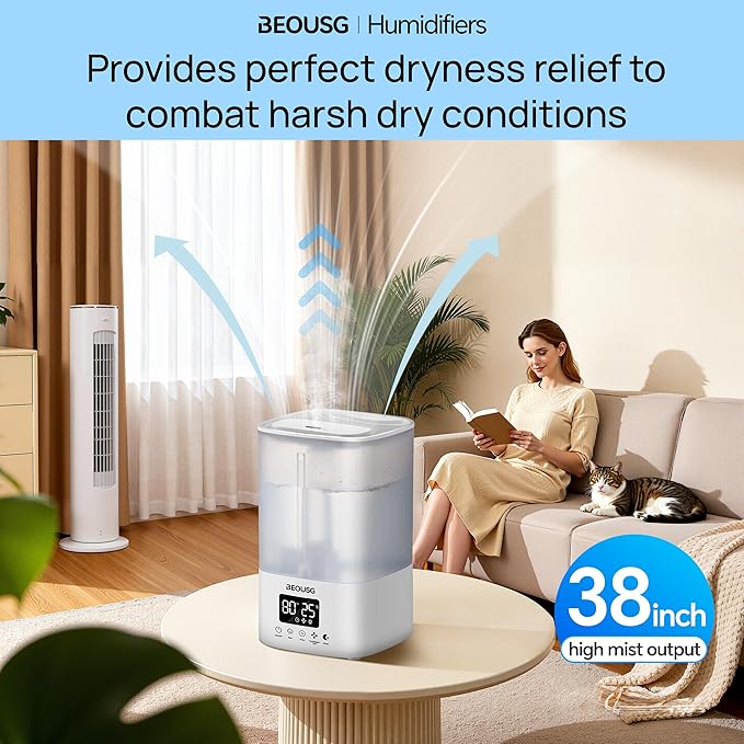 5L Top Fill Ultrasonic Humidifier,Cool Mist Humidifiers with Timer & Humidity Control for Bedroom, Baby, Large Rooms & Plants (White)