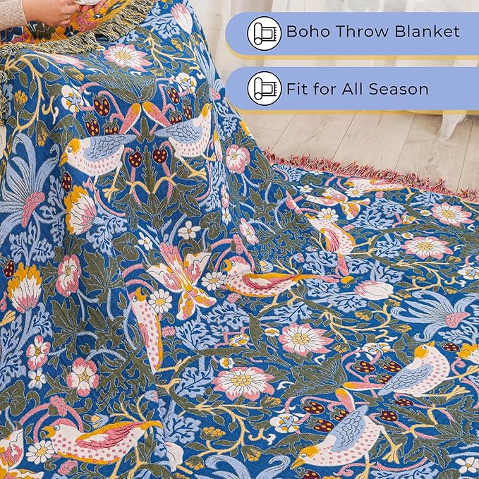 Queen Size Throw Blanket for Bed 100% Cotton Boho Oversized Soft Cozy Muslin Quilt Blanket Double Bird and Florals, Vintage Farmhouse Cottage Woven Blankets for Bedding Couch,80"×90"- Blue&Yellow