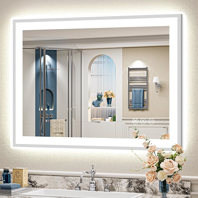 40x30 Brushed Nickel LED Bathroom Mirror with Lights, Sliver Framed Backlit and Front Lit Anti-Fog Lighted Vanity Mirrors for Bathroom Wall, Dimmable, 3 Colors, Memory, Tempered Glass, CRI＞90