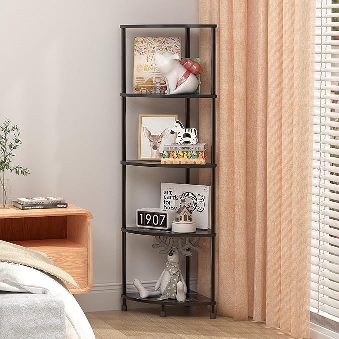 Book Shelf Corner Shelf, 5 Tier Corner Bookshelf Display for Living Room Decor, 44.1" Standing Bookcase Organizer, Marble Black Storage Shelves for Bedroom, Bathroom, Small Space