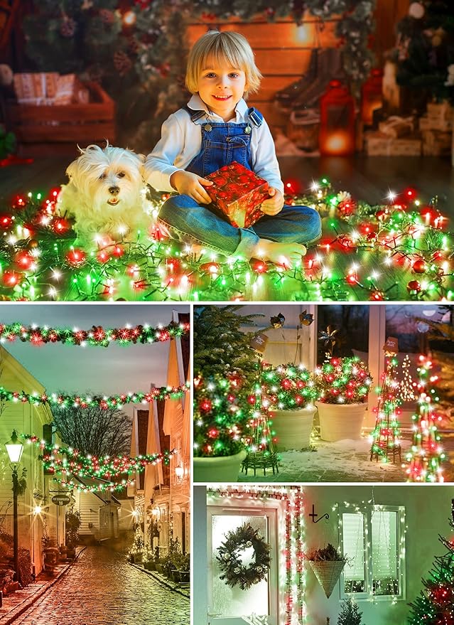 Minetom Solar Christmas Lights Outdoor Waterproof, 2 Pack Total 80FT 200 LED Solar Lights with 8 Modes, Solar Christmas Light Outdoor Decoration, Solar String Light for Outside Tree,Red Green & White