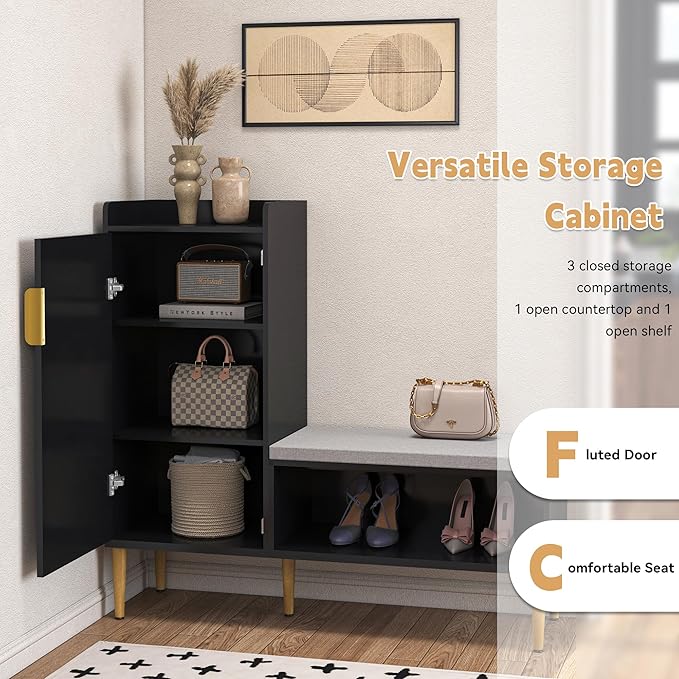 Storage Bench with Fluted Door&Shelf, Modern Entryway Bench with Padded Seat, L-Shaped Shoe Organizer Cabinet for Hallway, Living Room, Office, Black
