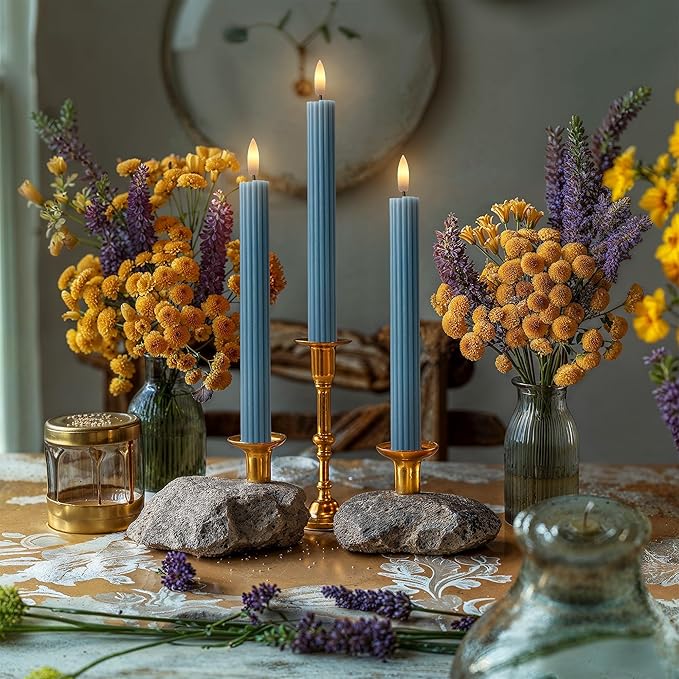 6 Pack, 10" LED Flameless Blue Fluted Ribbed Grooved Taper Candles, Remote & 24h Timer Memory, On/Off Button, Dimmable, Flicker Mode, Battery Operated, Christmas Menorah Wedding