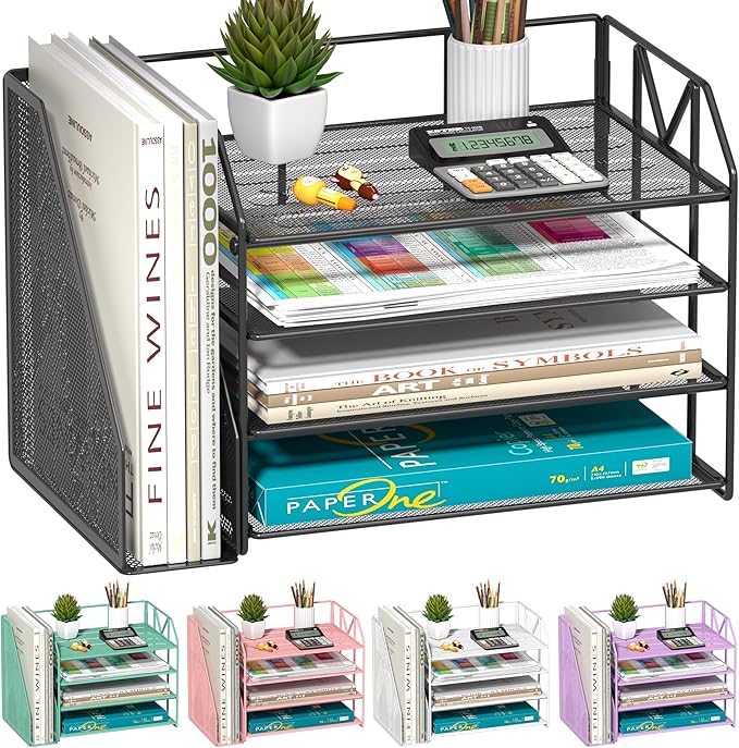 Metal Desk Organizers and Accessories with File Holder – Aesthetic Black Desk Accessories for Women Office Setup – Decorative Desk Set with Magazine Rack – Office Decor for Teen Girls