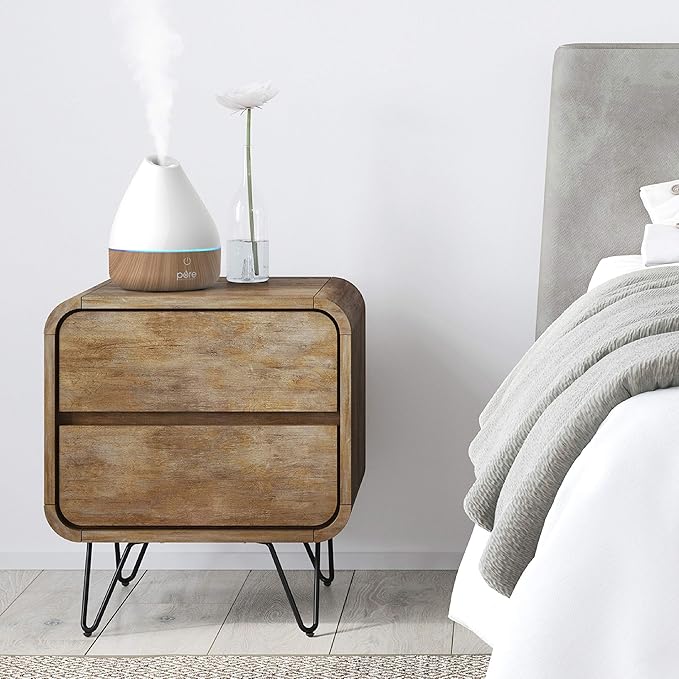 Pure Enrichment PureSpa Natural Aromatherapy Oil Diffuser (White) - Ultrasonic Air Deodorizer with 200ml Water Tank, Wood-Grain Accents, Soft Color-Changing Lights, and Auto Safety Shut-Off