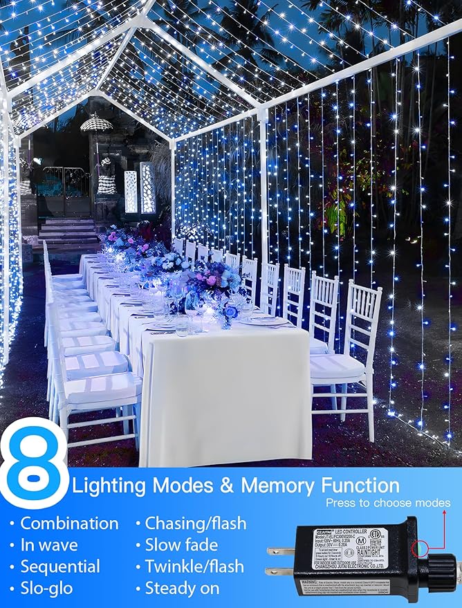 String Lights Indoor Bedroom, 33FT 100 LED Fairy String Lights Outdoor Waterproof, 8 Modes Memory Twinkle Christmas Light Plug in for Classroom Dorm Patio Tree Garden Decor (Cool White+Blue)