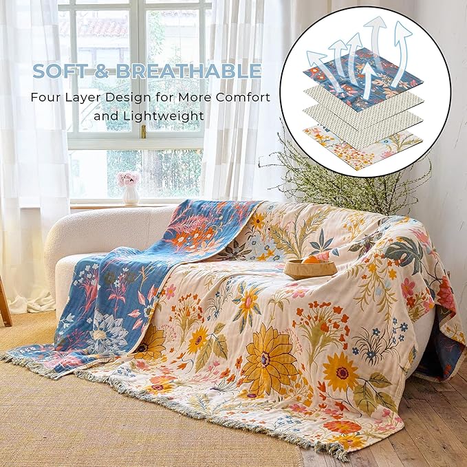 Boho Throw Blanket for Home Decor,Ultra Soft Throw Rustic Classic Quilt,100% Cotton Muslin Blankets for Adults, Reversible Woven Decorative Blanket for Bed Layering Use, Colorful Floral, 50"x60"