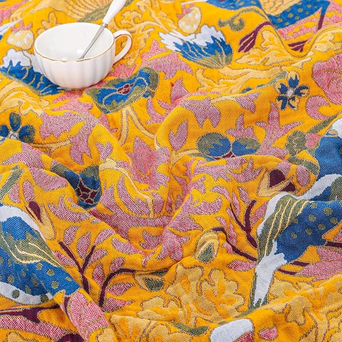 King Throw Blanket for Bed 100% Cotton Boho Oversized Soft Cozy Muslin Quilt Blanket Double Embroider Bird and Florals, Vintage Farmhouse Cottage Woven Blankets for Bedding Couch,90"×98"- Blue&Yellow