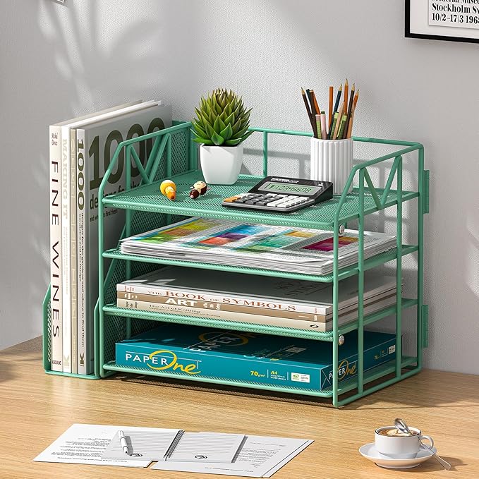 Green Desk Organizers and Accessories with File Holder – Aesthetic Desk Accessories for Women – Decorative Office Set with Magazine Rack – Desk Set for Office Setup and Decor