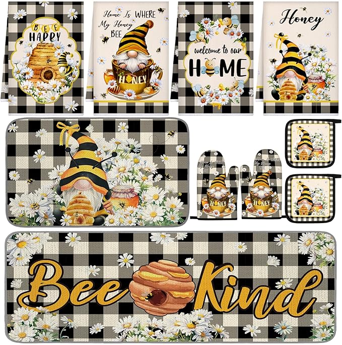 Fourluoo 10 Pcs Bee Kitchen Decor Set 4 Kitchen Towels 2 Pot Holders 2 Oven Mitts 2 Rugs Daisy Decorations for Cooking Baking Mom Housewarming Gifts