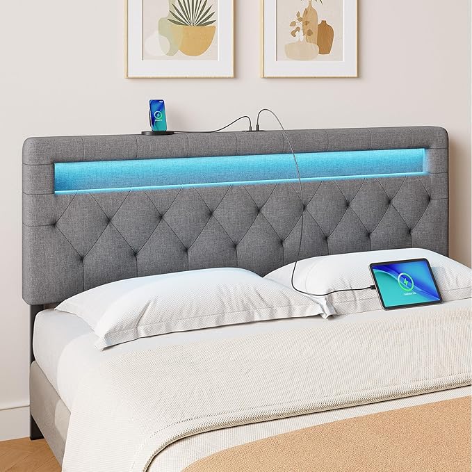 GREENSTELL Headboard for Full Size Bed with 60,000 DIY Color of LED Light, USB & Type C Post, Upholstered, Height Adjustable, Sturdy, Easy Assembly, Wall Mounted Head Boards Only, Gray