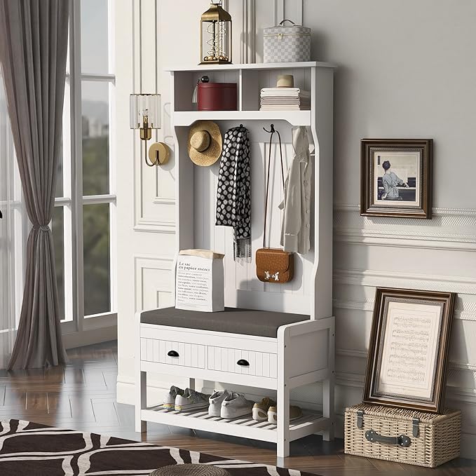 Hall Tree with Shoes Bench, Entryway Coat Rack with Storage Shelves and Drawers, 33.5''W Coat Hanger for Entrance, Hallway (White)