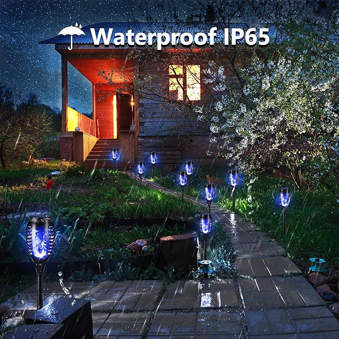 Toodour Solar Torch Flame Lights, 12 Pack Solar Lights Outdoor with Flickering Flame, Waterproof Patio Light Landscape Decoration Lighting for Garden, Lawn, Yard, Outdoor Decorations - Blue