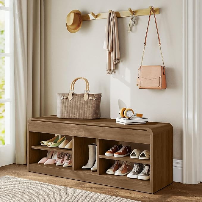 Shoe Storage Bench, 47.2in Entryway Bench with Flip-Open Storage Box, 2 Tier Shoe Rack Organizer with Shelf, Entryway Cabinet for Hallway Living Room Bedroom, Walnut